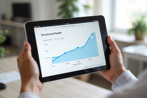 Mano sosteniendo una tableta con un gráfico de salud, simbolizando el seguimiento y la tecnología en nutrición.