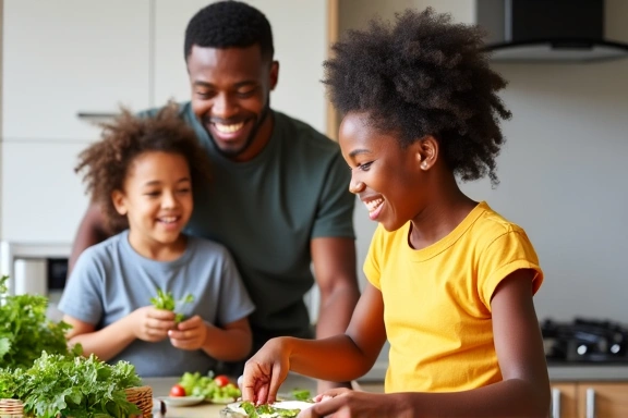 Familia feliz cocinando juntos, promoviendo hábitos saludables