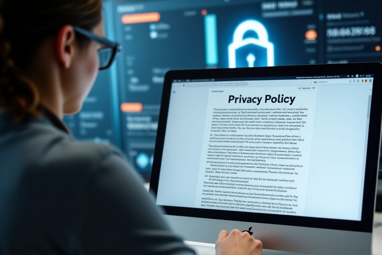 Una persona leyendo un documento de privacidad en una pantalla de ordenador con un candado simbolizando seguridad de datos.